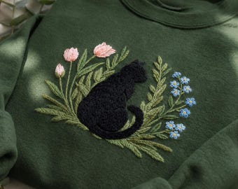 Embroidered Black Cat Sweatshirt, Wildflower Botanical Cat Crewneck, Cottagecore Cat Mom Gift, Garden Lover Sweater