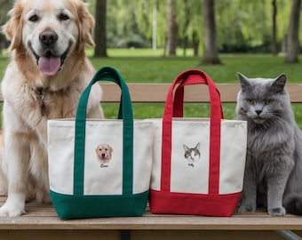 Custom Pet Portrait Embroidered Canvas Tote Bag, Personalized Dog Cat Bag