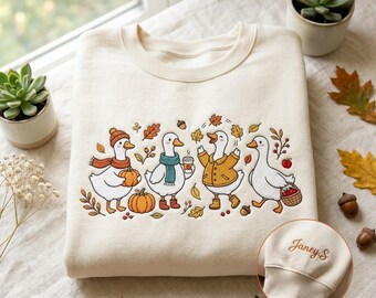 Sudadera de cuello redondo con bordado de ganso para otoño, acogedora camisa de calabaza para otoño.