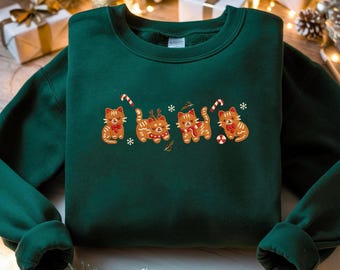 Gingerbread Cat Embroidered Sweatshirt, Christmas Holiday Crewneck