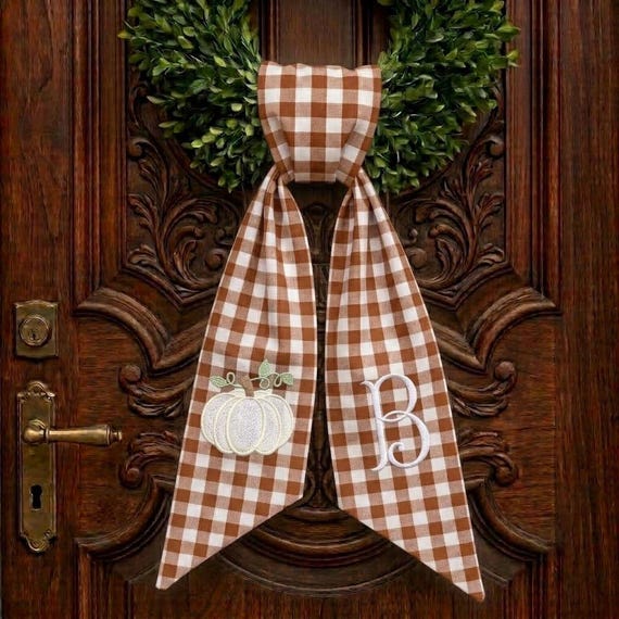 Monogrammed Gingham Pumpkin Wreath Sash, Personalized Autumn Door Hanger Bow