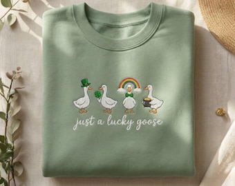 Embroidered St Patrick's Day Sweatshirt, Funny St Patrick Goose Tee, Holiday Goose Top, Festive Apparel, Irish Gift