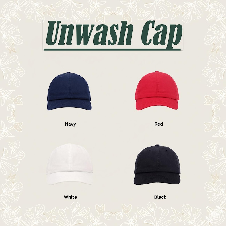 Puede incluir: Cuatro gorras de b&eacute;isbol dispuestas en una cuadr&iacute;cula, con el texto Unwash Cap. La fila superior presenta una gorra azul marino y una roja. La fila inferior presenta una gorra blanca y una negra. Cada gorra tiene una visera curva y una corona estructurada.