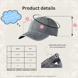 Puede incluir: Una gorra gris no estructurada de perfil bajo hecha de 100% algod&oacute;n lavado. La imagen incluye una tabla de tallas con medidas en pulgadas para adultos y ni&ntilde;os, que van de 22-24 a 19.7-22.5 pulgadas, y muestra una correa ajustable con hebilla.