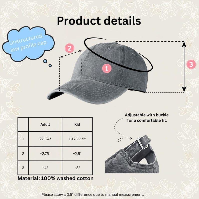 Puede incluir: Una gorra gris no estructurada de perfil bajo hecha de 100% algod&oacute;n lavado. La imagen incluye una tabla de tallas con medidas en pulgadas para adultos y ni&ntilde;os, que van de 22-24 a 19.7-22.5 pulgadas, y muestra una correa ajustable con hebilla.