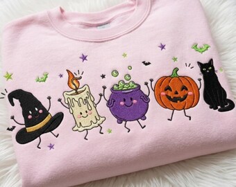 Pink Embroidered Halloween Sweatshirt, Cute Witch Hat Cauldron Pumpkin Black Cat Crewneck, Spooky Season Fall Gift