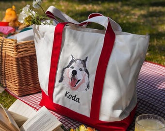 Custom Cat & Dog Portrait Embroidered canvas Tote bag, Personalized Pet Name Bag, Design Your Dog Tote Bags, Cat Mom Gift, Dog Lover Gift