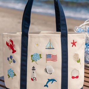 Geborduurde bootdraagtas kustthema, oceaanschelp canvas tas, draagtas, zeeliefhebbers cadeau, zomer oceaantas, schattig zeedier, strandbakken