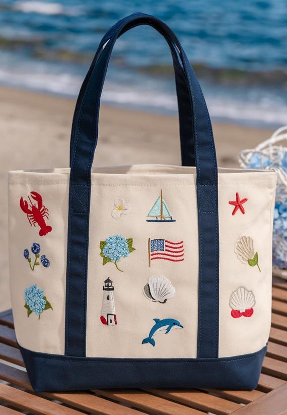 Coastal Themed Embroidered Boat Tote Bag, Ocean Shell Canvas Bag