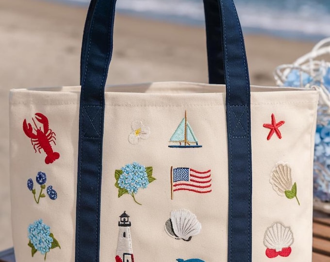 Embroidered Coastal Canvas Tote Bag, Ocean Shells