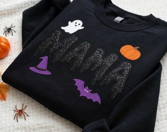 Halloween Mama Sweatshirt, Black Glitter Appliqué Crewneck, Embroidered Ghost Pumpkin Bat Spooky Season Mom Gift