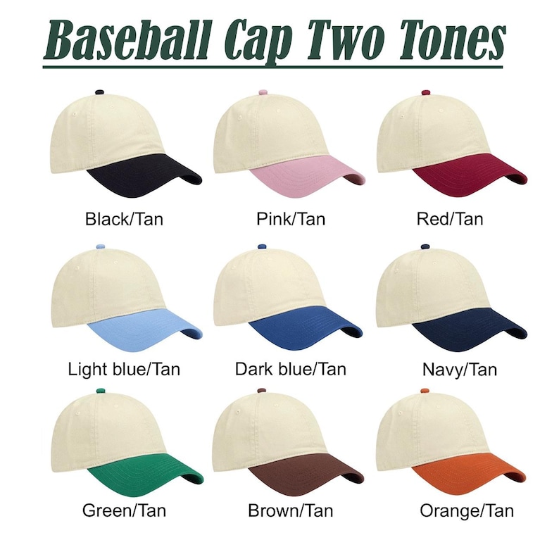 Puede incluir: Una colecci&oacute;n de nueve gorras de b&eacute;isbol, cada una con una corona color canela y una visera de color contrastante. Las combinaciones incluyen negro, rosa, rojo, azul claro, azul oscuro, azul marino, verde, marr&oacute;n y naranja. El texto Baseball Cap Two Tones es visible.