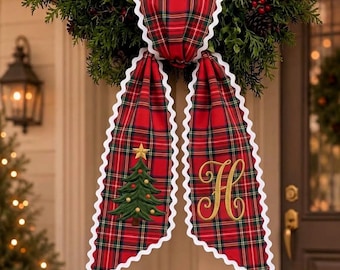Personalized Christmas Wreath Sash, Embroidered Plaid Monogram Bow, Christmas Tree Front Door Decor, Holiday Housewarming Gift