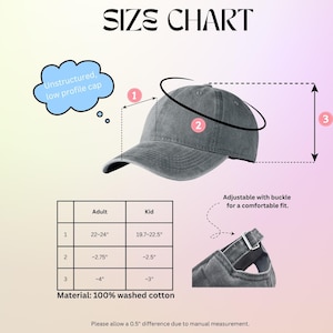 Puede incluir: Gorra gris, sin estructura y de perfil bajo, con hebilla ajustable. La tabla de tallas muestra medidas en pulgadas para adultos y ni&ntilde;os. El material es 100% algod&oacute;n lavado. El texto "SIZE CHART" est&aacute; en la parte superior.