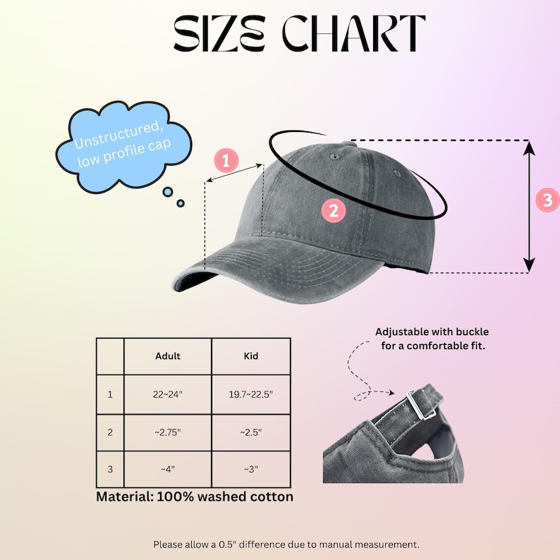 Puede incluir: Gorra gris, sin estructura y de perfil bajo, con hebilla ajustable. La tabla de tallas muestra medidas en pulgadas para adultos y ni&ntilde;os. El material es 100% algod&oacute;n lavado. El texto "SIZE CHART" est&aacute; en la parte superior.