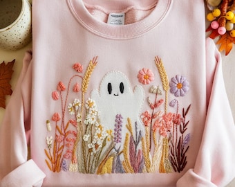 Embroidered Ghost Sweatshirt, Halloween Floral Design