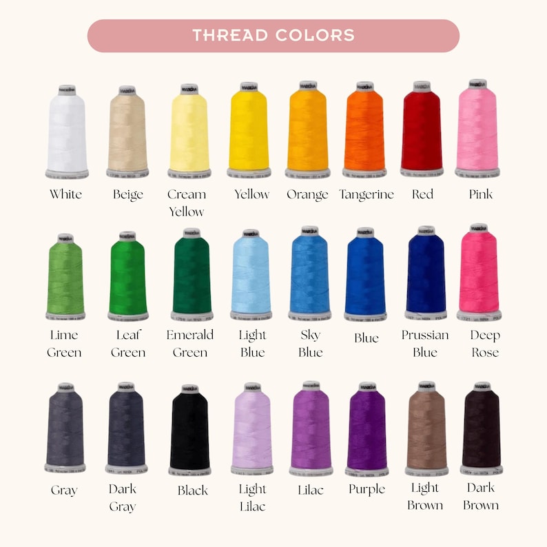 Puede incluir: Una carta de colores titulada THREAD COLORS que muestra veinticuatro carretes de hilo de bordar en varios tonos, incluyendo blanco, beige, amarillo, naranja, rojo, rosa, verde lima, verde, esmeralda, azul, gris, negro, lila, morado y marr&oacute;n.