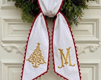Monogram Christmas Wreath Sash with Red Trim, Embroidered Gold Tree Holiday Front Door Ribbon, Custom Personalized Door Decor