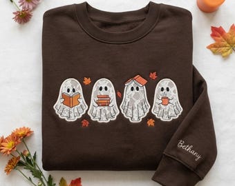 Sudadera con encaje bordado "Fantasma lector", sudadera de cuello redondo para amantes de los libros, ideal para la temporada de Halloween.