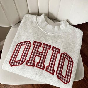 May include: A light gray heathered sweatshirt featuring the word OHIO in large block letters. The letters are filled with a red and white gingham pattern and are outlined with a thick red border. The garment has a mock neck collar.
