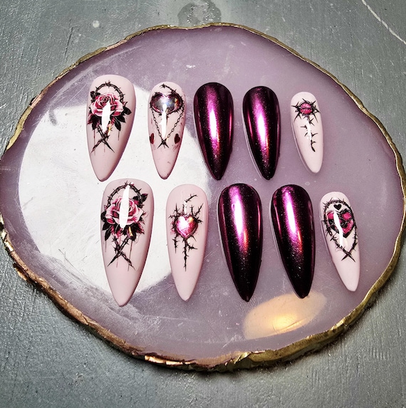 Pink Rose Gothic Press On Nails | Chrome Accent, Handmade