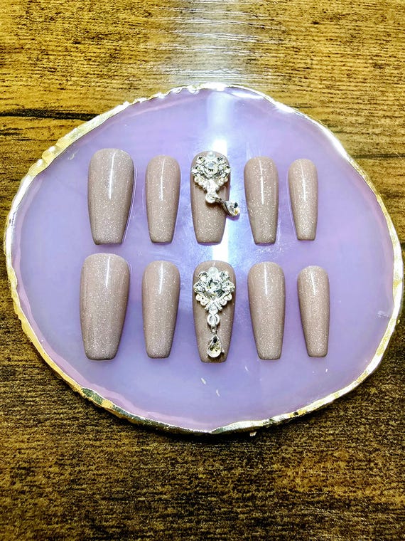 Champagne Glitter Press On Nails with Charms | Handmade Gel Nail Set