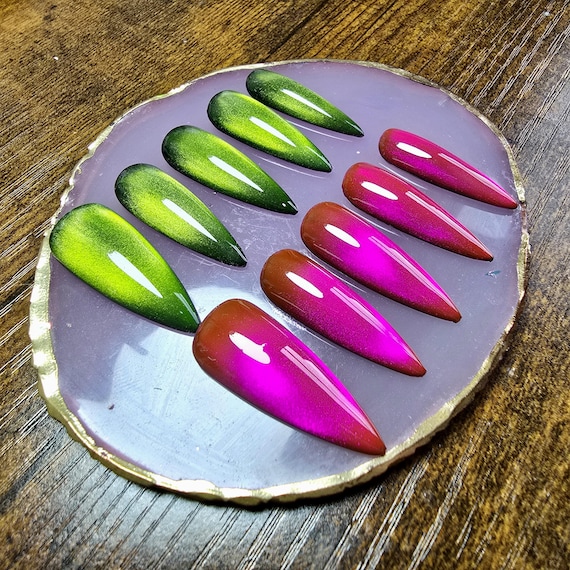 Wicked Green and Pink Cat Eye Press On Nails