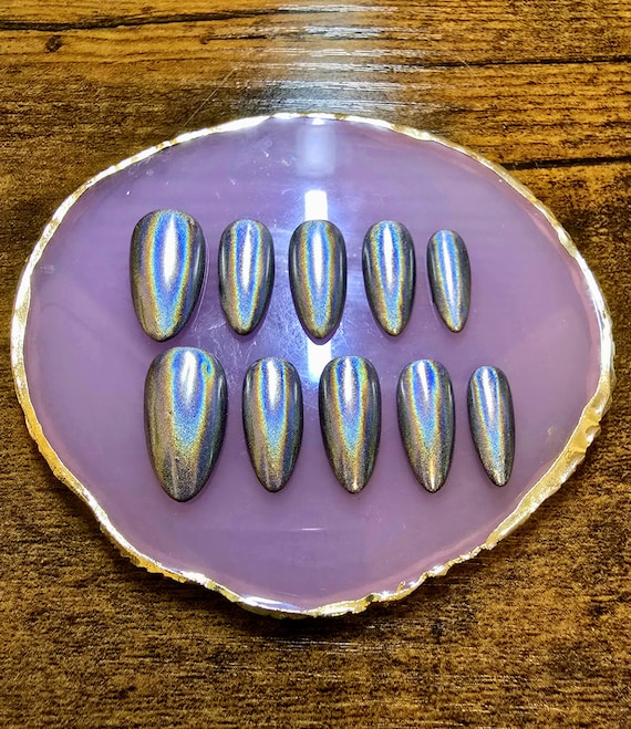 Cosmic Rainbow Halo Press On Nails | Handmade Silver Gel Nail Set