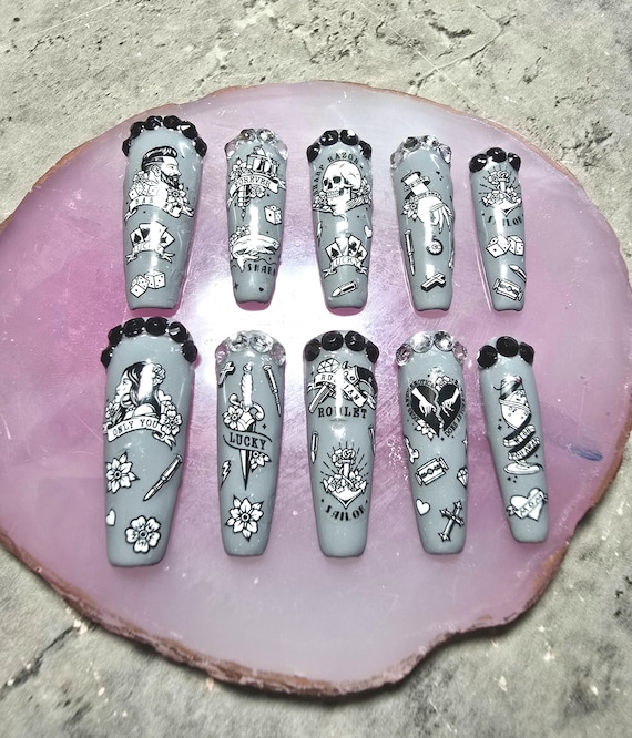Old American Tattoo Art Handmade Press On Nail Set | Tattoo Nails