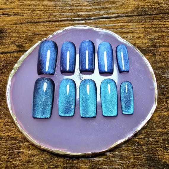 Midnight Blue Cat Eye Press On Nails | Handmade Gel Nail Set