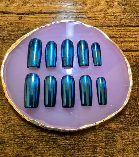 Teal Chrome Press On Nails | Handmade Gel-X Nails