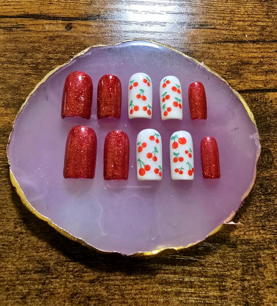 Handmade Summer Cherry Press On Nails | Red Gel Nail Set