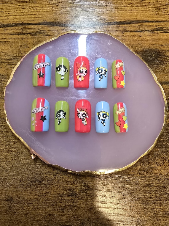 Handmade Super Girls Cartoon Press On Nails | Superhero Gel Nail Art