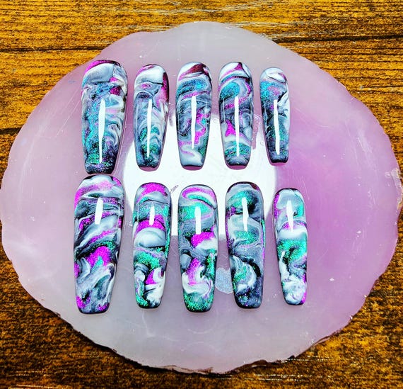 Stormy Galaxy Cat Eye Press On Nails | Handmade Marble Gel