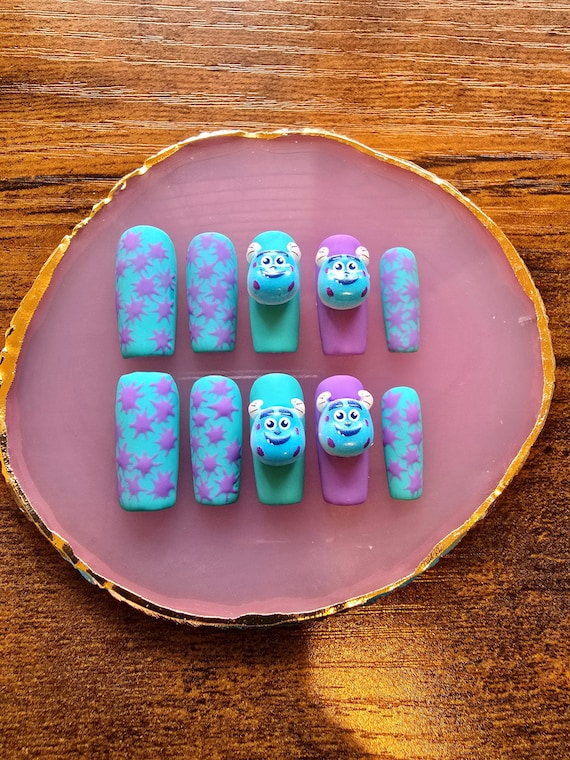 Scare Monster Cartoon Handmade Press On Nails | Blue & Purple Nails | Movie Nails | Character Nails