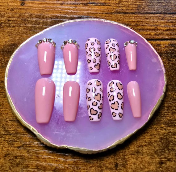 Nude Leopard Print Handmade Press on Nail Set With or Without Rhinestones