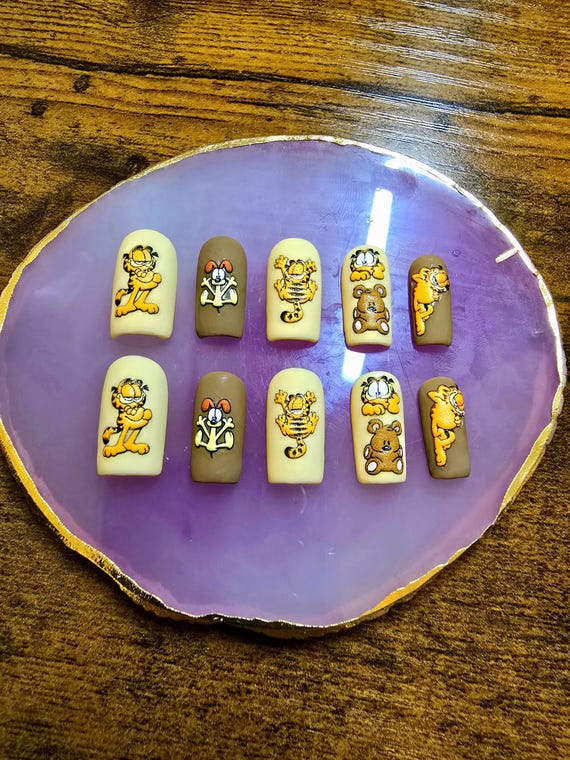 Lazy Orange Cat Handmade Press On Nail Set | Cartoon Nails | Matte Nails