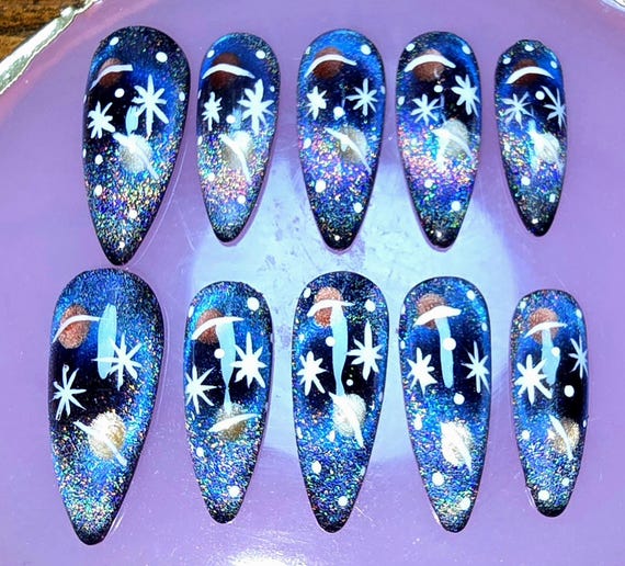 Handmade Space Cat Eye Press On Nails | Galaxy Nail Set