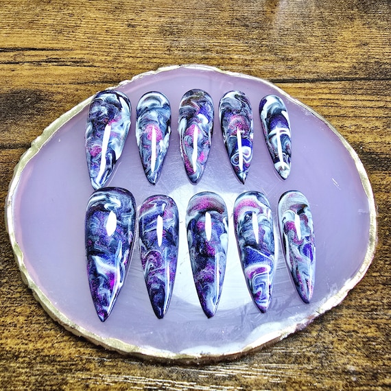 Stormy Nebula Marble Cat Eye Press On Nails | Handmade Gel