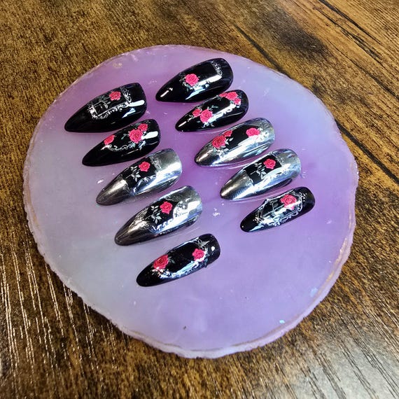 Handmade Chrome Rose Press On Nails | Silver Flower Nail Set
