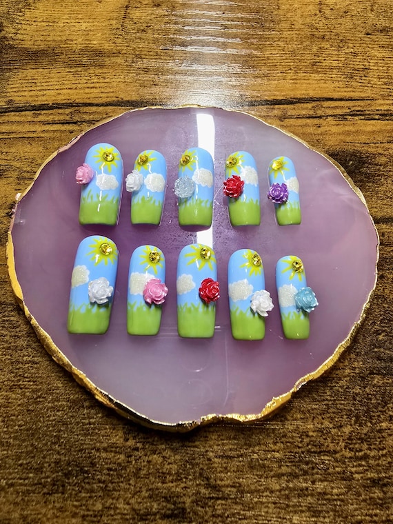 Hello Spring Handmade Press On Nail Set | Hand Painted Flower Nails
