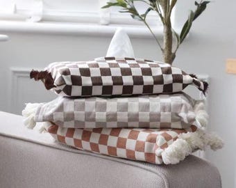 Handmade Checkerboard Tissue Box Cover: Boho Fringe Accent