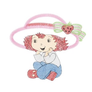 Könnte beinhalten: Gesticktes Design eines Zeichentrickcharakters mit roten Haaren, blauer Hose und roten Schuhen, der einen rosa Hut mit einer Erdbeerschleife trägt. Die Figur sitzt mit den Händen unter dem Kinn und lächelt.