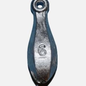 May include: A silver-colored fishing weight with a teardrop shape and a hole at the top. The number "6" is embossed on the front. The weight is designed to sink fishing lines and lures.