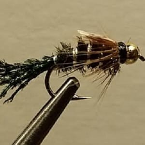 May include: A black and green fly fishing lure with a gold bead head and brown feathers.