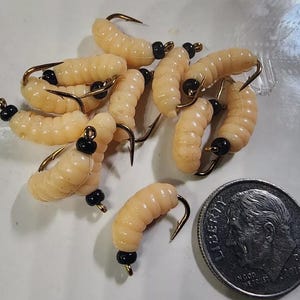 1 DZN - BH Rubber Grub Worm - Cream Tan - Trout, Panfish, Ice Fishing - Hook Size 10