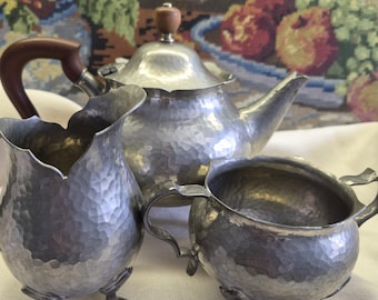 Vintage Civic Pewter Teapot, Creeamer & Sugar Bowl - Arts and Crafts Era - Made In England