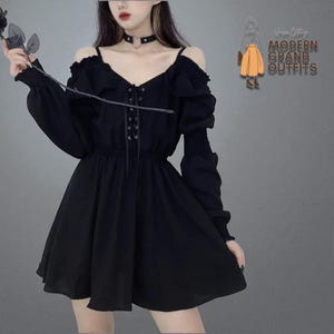 Women’s Black Mini Dress | Gothic Lace-Up Long Sleeve Dress | Y2K Grunge Streetwear Fashion | Alternative Clothing | Gift For Her