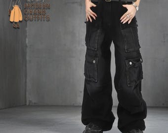 Pantalones cargo anchos negros / Pantalones de estilo urbano Y2K de pierna ancha / Conjunto de moda casual alternativo