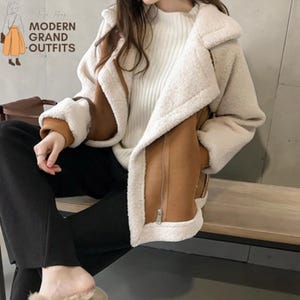 Chaqueta oversize para mujer / Abrigo de invierno estilo urbano con patchwork / Prenda exterior cálida de piel sintética informal